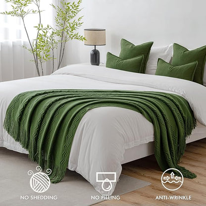 MIULEE Olive Green Knitted Throw Blanket for Couch Boho Textured Cozy Woven Blanket with Tassels for Sofa Chair Bed Living Room Spring Acrylic Wave Pattern 50"x60"