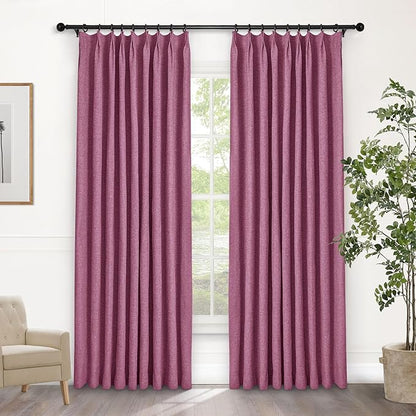 Macochico Pinch Pleated Blackout Linen Curtains 96 Inches Long 100% Light Blocking Burlap Curtains for Bedroom Living Room Thermal Window Panels with Tieback 72”Wx96”L Lilac 1 Panel