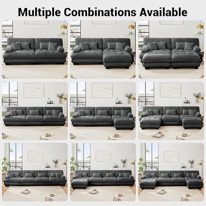 Loveseat Modular Sectional Sofa, U Shaped Couch with Ottoman, Cloud Couch Sectional Couch Home Sofa Living Room Oversized Couch Deep Seat Couch with Round Bolster Armrests 4 Pillows(Gray)