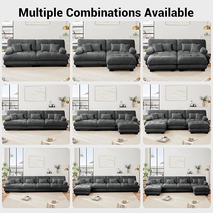 L Shaped Couch Sectional Couch, 3-Seater Cloud Couch Sectional Oversized Couch, Sofa Bed Couch with Round Bolster Armrests 5 Pillows, Modular Couch Home Sofa Living Room Couch(Gray)