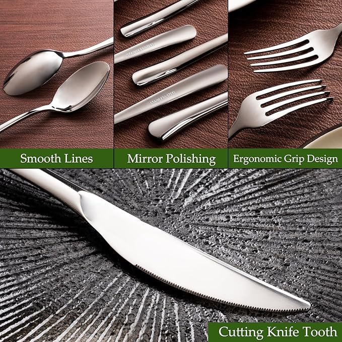 Aisoso 40-Piece High-End Silverware Set with Forks Spoons and Knives, Stainless Steel Serving Utensils for 8 with Mirror Finished Handle, Durability and Dishwasher Safe for Restaurant, Weddings