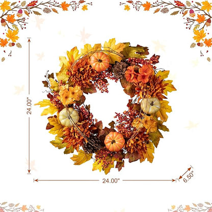 Glitzhome 24 inch Artificial Fall Wreath Decor, Autumn Maple Leaf Wreath for Front Door with Dahlia Pumpkin, Leaf and Berry Wreaths for Autumn Harvest Thanksgiving Halloween Decor