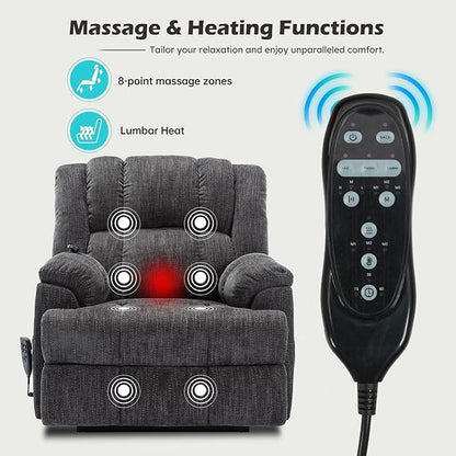 Power Lift Chair with Vibration Massage Heat for Elderly People, Dual Motor Electric Lay Flat Recliner Chair with Power-Remote, Standing Assistance Reclining, Chenille Dark Gray