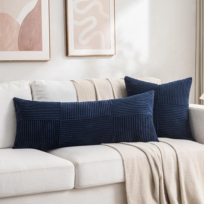 Fancy Homi 2 Packs Navy Blue Decorative Throw Pillow Covers 22x22 Inch for Living Room Couch Bed Sofa, Rustic Farmhouse Boho Home Decor, Soft Corss Corduroy Patchwork Accent Cushion Case 55x55 cm