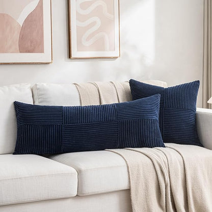 Fancy Homi 2 Packs Navy Blue Decorative Throw Pillow Covers 22x22 Inch for Living Room Couch Bed Sofa, Rustic Farmhouse Boho Home Decor, Soft Corss Corduroy Patchwork Accent Cushion Case 55x55 cm