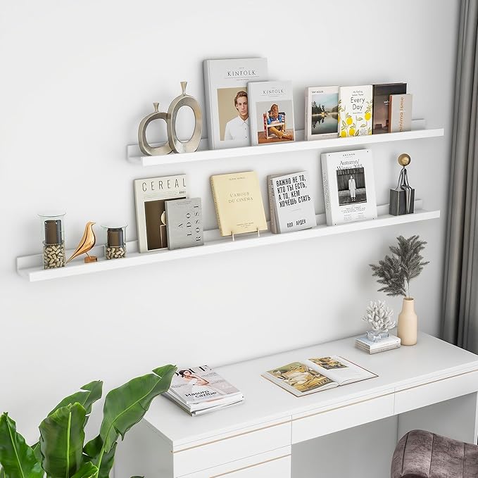 Solid Ash Wood Picture Ledge Shelf, Wood Floating Shelves Set of 2, 48 Inch Long Large Photo Ledge Shelves, Nursery Book Shelves Wall Mounted for Living Room Kids' Bedroom Decor, White
