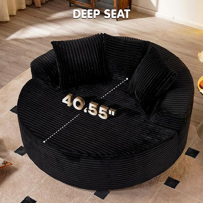 ovios 58" Oversized Round Chair Lounge Chaise Indoor, No Assembly Required, Cloud Large Circle Chair with Plush Fuax Fur, Fluffy Modern Sleeper Sofa Bed for Reading Yoga, Black (Plush Corduroy Fabric)