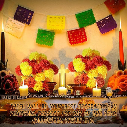 Kimura's Cabin 20Pcs Fake Silk Ball Flowers Artificial Chrysanthemum Faux Mums Bouquets Wedding Arrangements Halloween Home Table DIY Center Decoration (Orange Yellow)