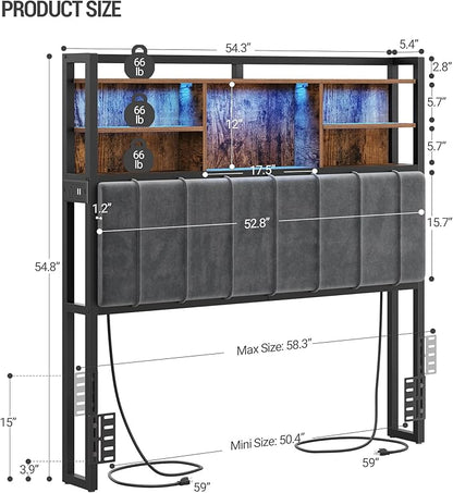 Headboard with 3-Tier Storage Shelves, Velvet Upholstered Head Board with 2 Outlets, USB Ports & LED Light, Soft Backrest for Full Size Bed, Rustic Brown and Black BH13801B