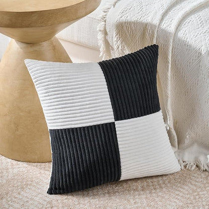 Fancy Homi Set of 2 Black White Samll Decorative Throw Pillow Covers 18x18 Inch with for Couch Bed Sofa Living Room, Soft Cross Patchwork Striped Corduroy Modern Square Cushion Case 45x45 cm