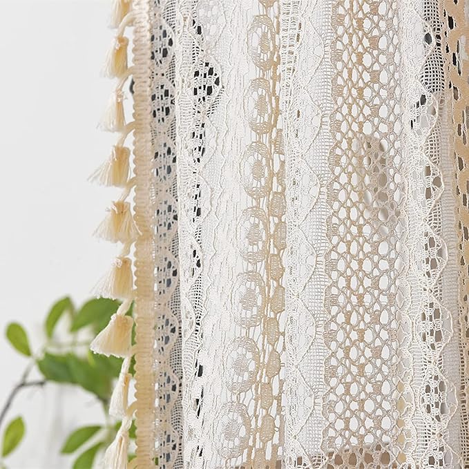 Sutuo Home Boho Sheer Curtain Valance Tier Crochet Lace with Bohemian Hollow Knitted Handmade Tassels, Short Farmhouse Window Treatment for Kitchen Cafe, Rod Pocket, 1 Panel 59" W x 24" L, Beige