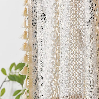 Sutuo Home Boho Sheer Curtain Valance Tier Crochet Lace with Bohemian Hollow Knitted Handmade Tassels, Short Farmhouse Window Treatment for Kitchen Cafe, Rod Pocket, 1 Panel 59" W x 24" L, Beige