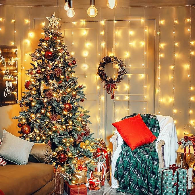 JMEXSUSS 300 LED Remote Control Curtain Lights, Plug in Fairy Curtain Lights Outdoor, Window Wall Hanging String Lights for Bedroom Backdrop Wedding Party Indoor Christmas Patio Dorm Decor, Warm White