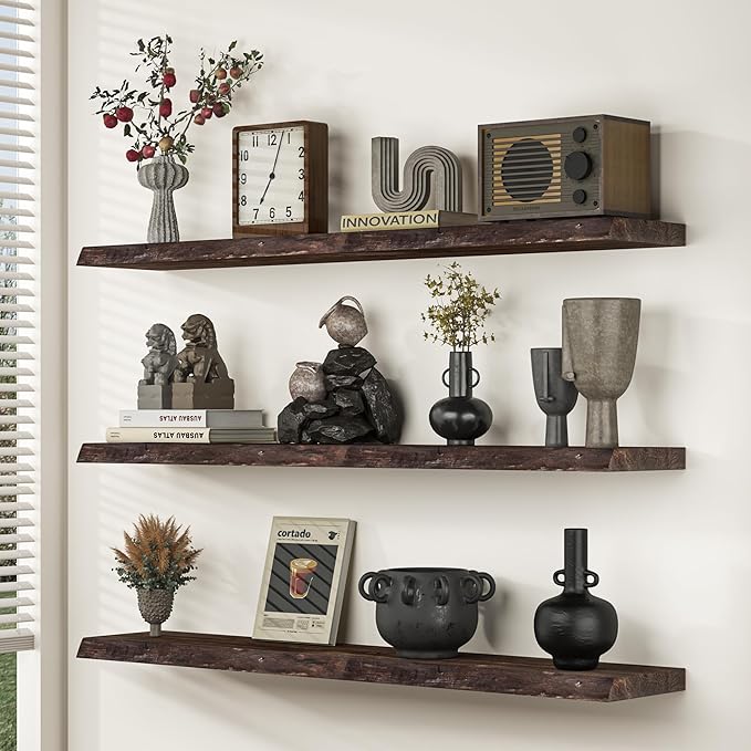 Floating Shelves for Wall, 32 Inch Floating Shelves Wall Mounted, Rustic Live Edge Elm Wood Floating Shelf for Home Decor, Heavy-Duty Storage Shelves for Books, Bathroom, Kitchen (Walnut, Set of 2)