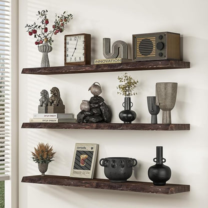 Floating Shelves for Wall, 32 Inch Floating Shelves Wall Mounted, Rustic Live Edge Elm Wood Floating Shelf for Home Decor, Heavy-Duty Storage Shelves for Books, Bathroom, Kitchen (Walnut, Set of 2)