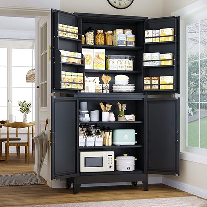 74.8" Tall Metal Food Cabinet, Black Kitchen Pantry Cabinet, Storage Cabinets with 4 Door and 4 Adjustable Shelves, Steel Freestanding Cupboard for Kitchen Dining Room Living Room Bathroom
