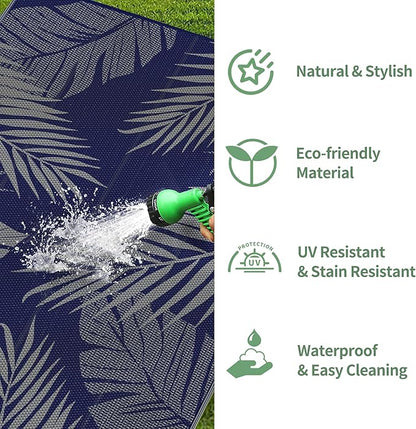 GENIMO Outdoor Rug 4' x 6' Waterproof for Patios Clearance, Reversible Outdoor Plastic Straw Camping Rug Carpet, Large Area Rugs Mats for RV, Camper, Deck, Balcony, Porch, Beach, Picnic Navy Blue&Grey