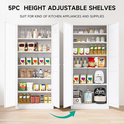 SISESOL White Metal Storage Cabinet,71" Tall Pantry Cabinet,Kitchen Pantry Storage Cabinets with 2 Doors and 6 Shelves,Wide Deep Food Cupboard for Home,Kitchen,Dining/Living Room