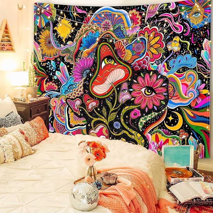 Lunerfex Mushroom Tapestry Pink Flowers Tapestry for Bedroom Aesthetic Tapestries Cute Floral Tapestries Wall Hanging for Bedroom and Living Room Decor Pink Flowers 70×90 Inches