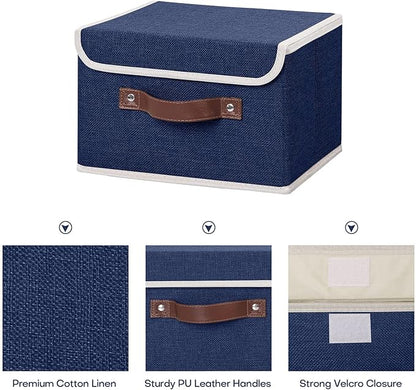 ANMINY 2PCS Storage Bins with Lid PU Leather Handles Storage Boxes PP Plastic Board Decorative Foldable Lidded Cotton Linen Fabric Home Cubes Baskets Closet Organizer Containers - Blue, Small Size