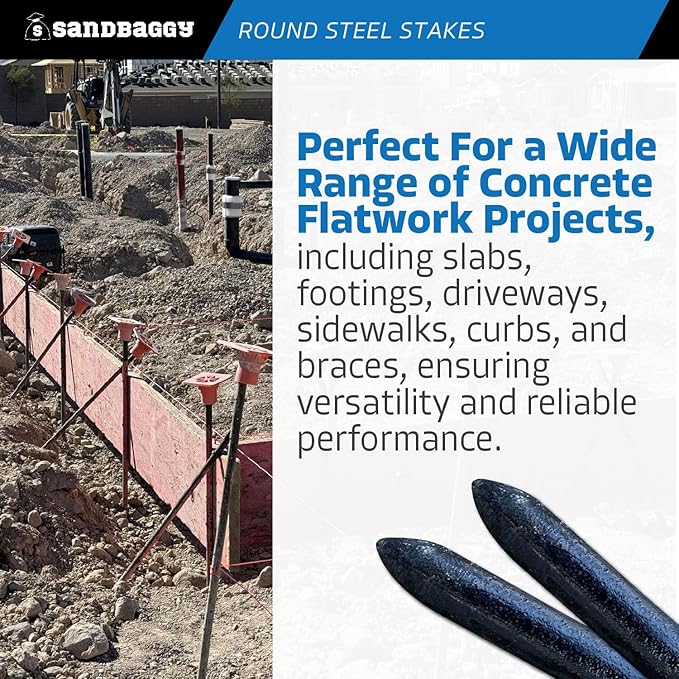 Sandbaggy Round Steel Concrete Form Stakes with Nail Holes - Rust Resistant Coating - Removable, Reusable (1000, 3/4 in X 36 in)