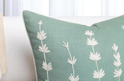 VAGMINE Hand Embroidered Daisy Accent Throw Pillow Cover - 18x18 Inches Square - 100% Cotton Light Teal Decorative Cushion Cover for Couch, Sofa, Bed - Textured Embroidery - Elegant Floral Home Décor