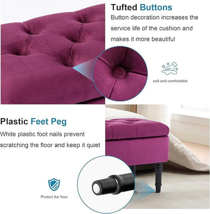 Ottoman with Storage Velvet Storage Bench Holds Up to 500 lbs Ottomans Upholstered Bench with Seating for Bedroom, Living Room, Purple