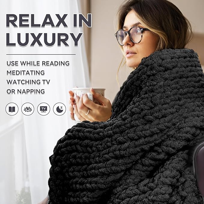 Chunky Knit Blanket - Luxury Soft Cozy 50 * 60 Throw Blanket,100% Woven Blanket Rope Knot Throw Blanket for Couch, Sofa, Home Decor, Gift - Machine Washable（Black）