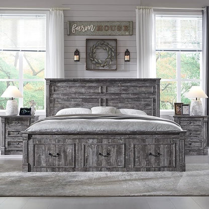 26" Tall Farmhouse Nightstand Set of 2, 3 Drawers End Table w/Charging Station, 23.6" Wide Large Side Table w/Roman Column, Wood Rustic Sofa Table for Bedroom, Light Gray