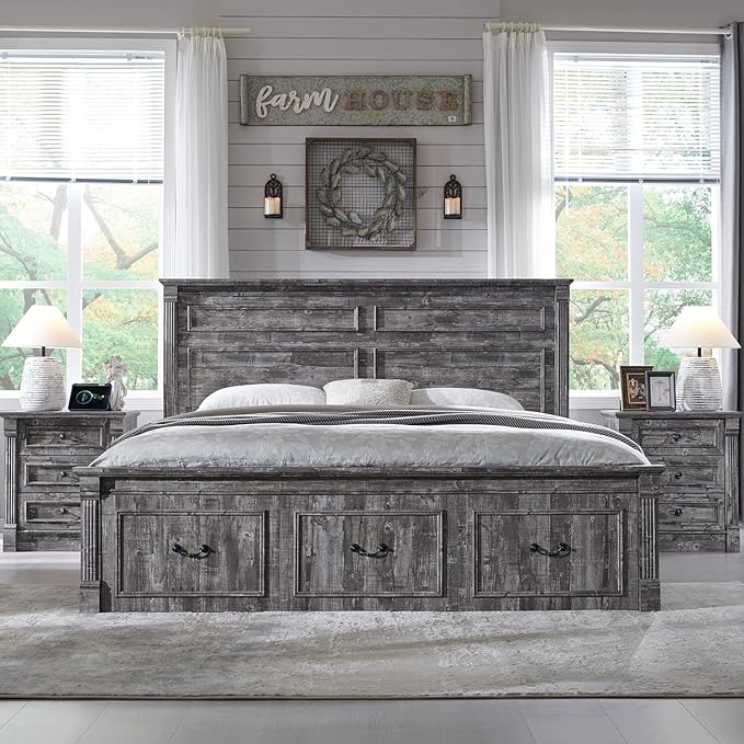 26" Tall Farmhouse Nightstand, 3 Drawers End Table w/Charging Station, 23.6" Wide Large Side Table w/Roman Column, Wood Rustic Sofa Table for Bedroom, Light Gray