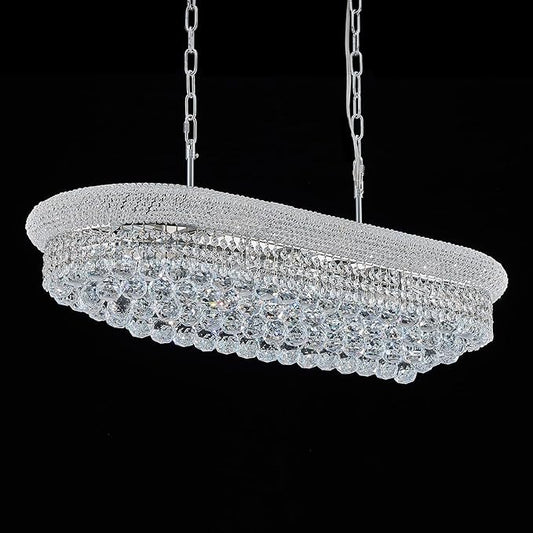 Rectangular Crystal Chandeliers for Dining Room,10 Lights Adjustable Height Oval Crystal Ceiling Light Fixture for Kitchen Island, Chrome Finish, L36''