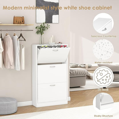 Shoe Storage Cabinet Set of 2 with 3 Flip Drawers, Narrow Shoe Cabinet Freestanding Slim Shoe Storage Organizer for Entryway, Hallway, Entrance, Bedroom, Living Room, White