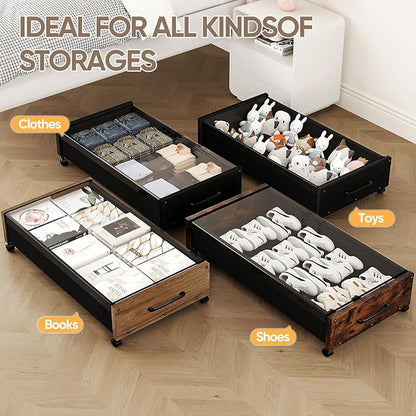 Wooden Under Bed Storage with Wheels, Rolling Under the Bed Storage Bins with Removable Lid, Metal Under Bed Drawers for Clothes and Shoes in Bedroom or Living Room(Black Wood-2pack)