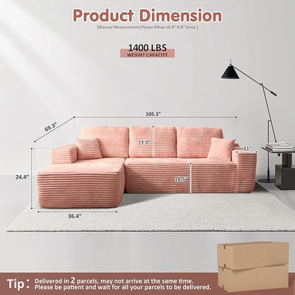 ovios 104" Cloud Sectional Couch with L-Shape Chaise,Modern Modular Sofa with Deep Seat, Upholstered Couches for Living Room Bedroom,No Assembly Required, Pink (Plush Corduroy Fabric)