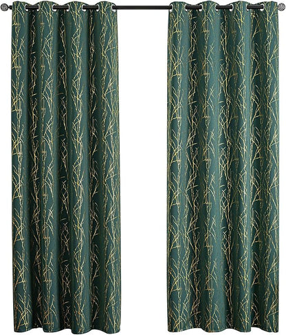 Grommets Blackout Long Window Curtains Green Gold-52W*84L 2PCS Drapes for Bedroom