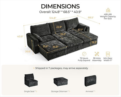 Oversized Modular Sofa Comfy Cloud Couch with Storage, Extra Deep Plush Sectional Sofa Set for Living Room, Covers Washable, Chenille, Olar (Black, 6-Seater with 3 Ottomans, Sleeper)