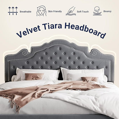 Allewie King Size Bed Frame with Adjustable Velvet Tiara Headboard, Upholstered Diamond Button Tufted Platform Bed, Wood Slats Support, No Box Spring Needed, Light Grey