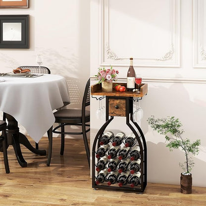 IBUYKE Wine Rack Freestanding Floor,Wine Storage 15 Bottles Bottle Rack with Glass Holders, Mini Bar Wine Cabinet with Storage Drawer for Home Bar Kitchen Dining Room,Rustic Brown,UTMJ908H