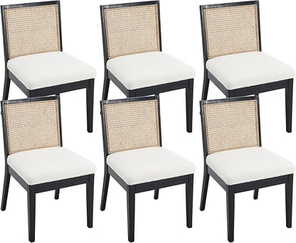 VESCASA Upholstered Dining Chairs with Square Rattan Back, Armless Padded Sherpa Fleece Cushion Dining Chairs with Wood Legs for Dining Room, Kitchen, Set of 6, Black Frame