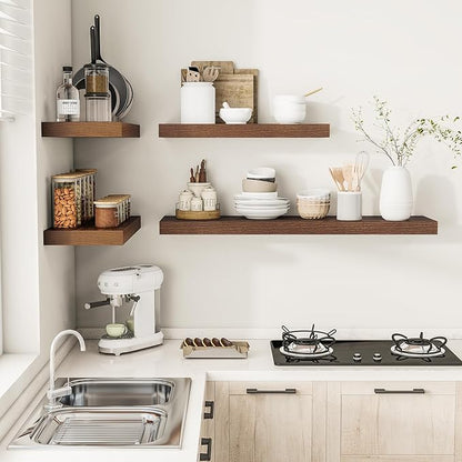 Wide Floating Shelves for Wall 12 Inch Deep, 24" X 12" X 2" Floating Shelf, 2 Inch Thick Shelf for Bathroom Bedroom Kitchen Book Room, Heavy Duty 55lbs Shelves for Farmhouse Decor Set of 2, Walnut