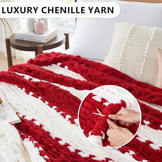 L'AGRATY Chunky Knit Blanket Throw - Soft Chunky Throw Blanket 30x40: 100% Hand Kintted Chenile Crochet Throw Blanket for Couch - Large Cable Knit Chunky Blanket for Home Decor(Red and White)