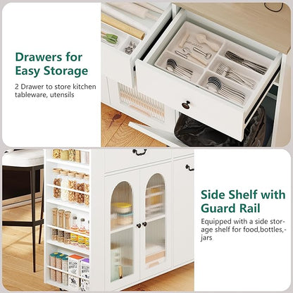 Kitchen Island with Drop Leaf & Power Outlet, Rolling Kitchen Island on Wheels with Trash Can Storage, Island Table Bar Cart with Spice Rack, Towel Rack, Drawers, Mobile Kitchen Carts on Wheels