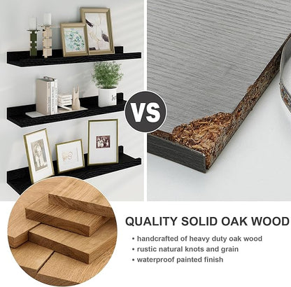 Floating Picture Ledge Shelves 36 Inch Solid Oak Wood Set of 2, Rustic Wall Storage Shelves with Lip, Kids Bookshelf, Photo & Picture Ledge Shelves for Bedroom, Living Room, Kitchen