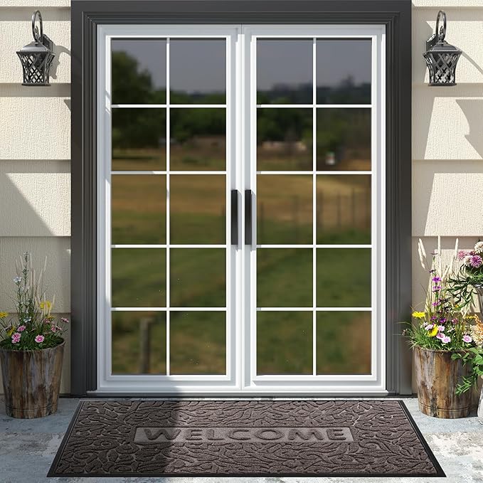 Yimobra Welcome Front Door Mat Outdoor, Heavy Duty Sturdy Non Slip Doormats, Rubber Backing, Low-Profile Entrance Rugs, Absorbent Resist Dirt, Easy Clean Patio Garage Floor Mats, 60X36 Inch, Brown