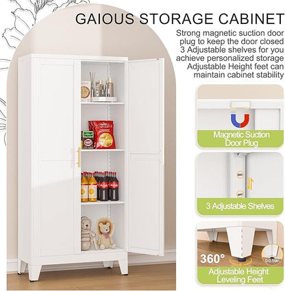 Metal Pantry Cabinet, Kitchen Pantry Storage Cabinets with 2 Door and 3 Adjustable Shelves, White Kitchen Pantry Cabinet, Freestanding Cupboard for Dining Room Living Room Bathroom