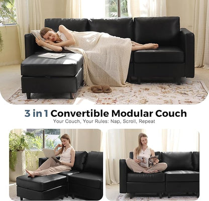 118.5" Faux Leather Modular Sectional Sofa, U Shaped Couch Set for Living Room, Large 8-Seater Comfy Cloud Couches with Storage Seat DIY Combination - Black