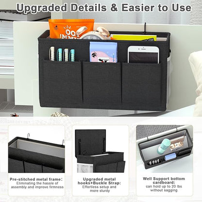 Dual-purpose Bedside Caddy Bedside Organizer, Bed Caddy with 6 Pockets, Versatile Bedside Storage Solution Magazine Remotes holder, ideal for Home, Dorm, Hospital, Crib Bed (Black 2 pcs)
