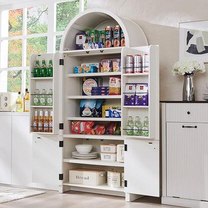 71" Tall Arched Bathroom Storage Cabinet, Modern Fluted Storage Cabinet w/Doors, 3 Adjustable Shelves, 6 Door Shelves, Wood Freestanding Cabinet for Bathroom, Entryway, Hallway, Antique White