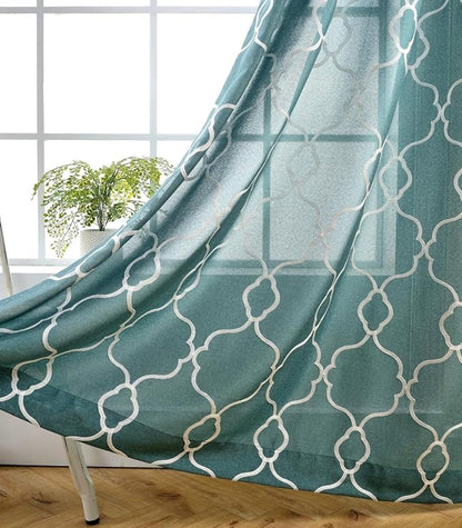 MIUCO Moroccan Embroidered Semi-Sheer Curtains Faux Linen Grommet Curtains for Living Room 52 x 84 Inch 2 Panels Set, Teal
