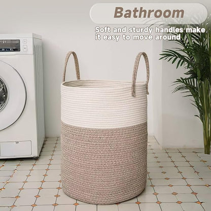 Large Woven Laundry Basket Hamper,60L Cotton Rope Storage Bin for Blankets,Toys and Clothes,Decorative Tall Nursery Hamper for Living Room,Baby Nursery,Bathroom and Bedroom,Brown